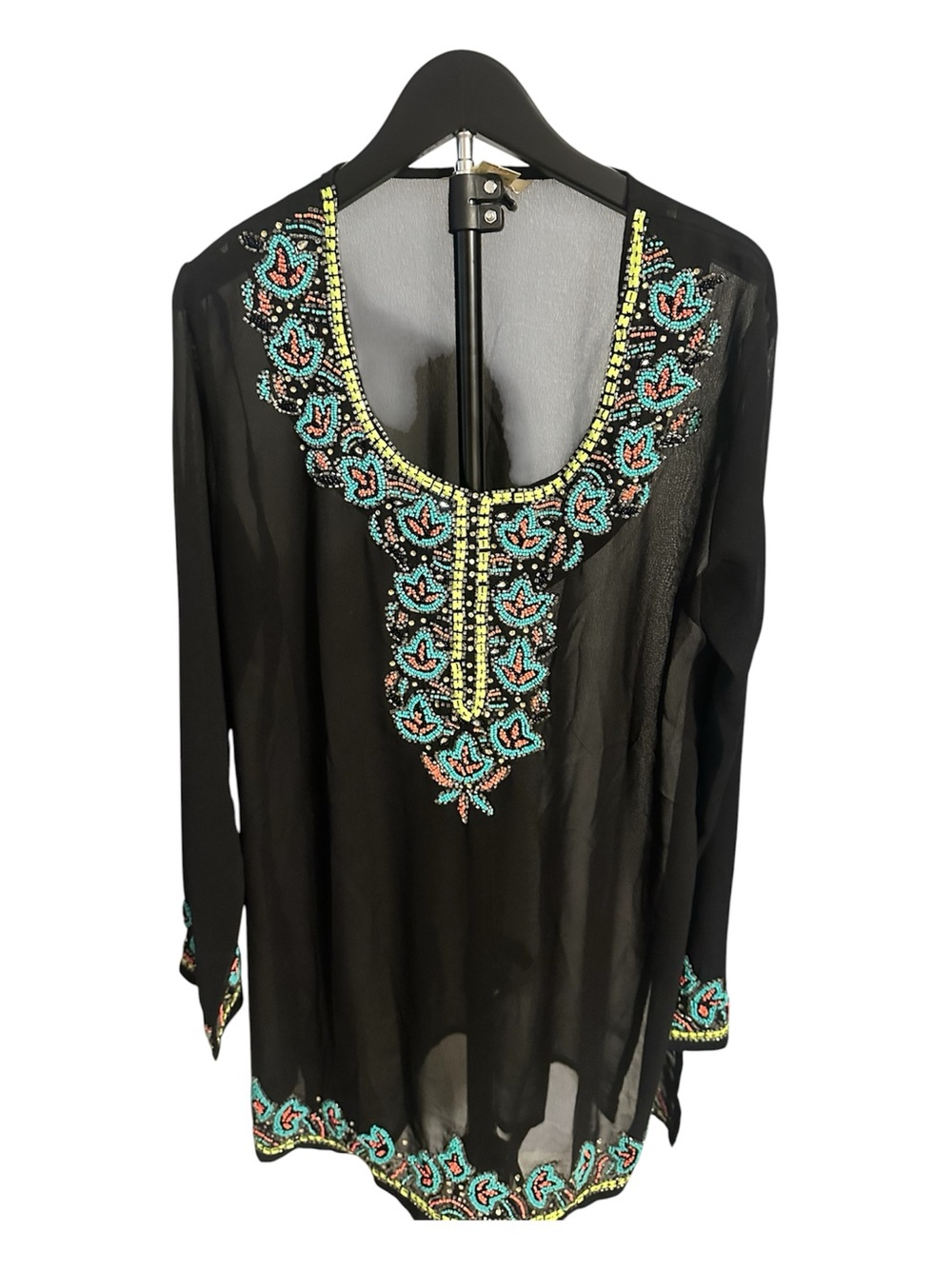 Black Beaded Embroidered Women's Tunic with Turquoise Accents